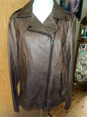 Sebby Collection Brown Faux Leather Asymmetric Moto Jacket